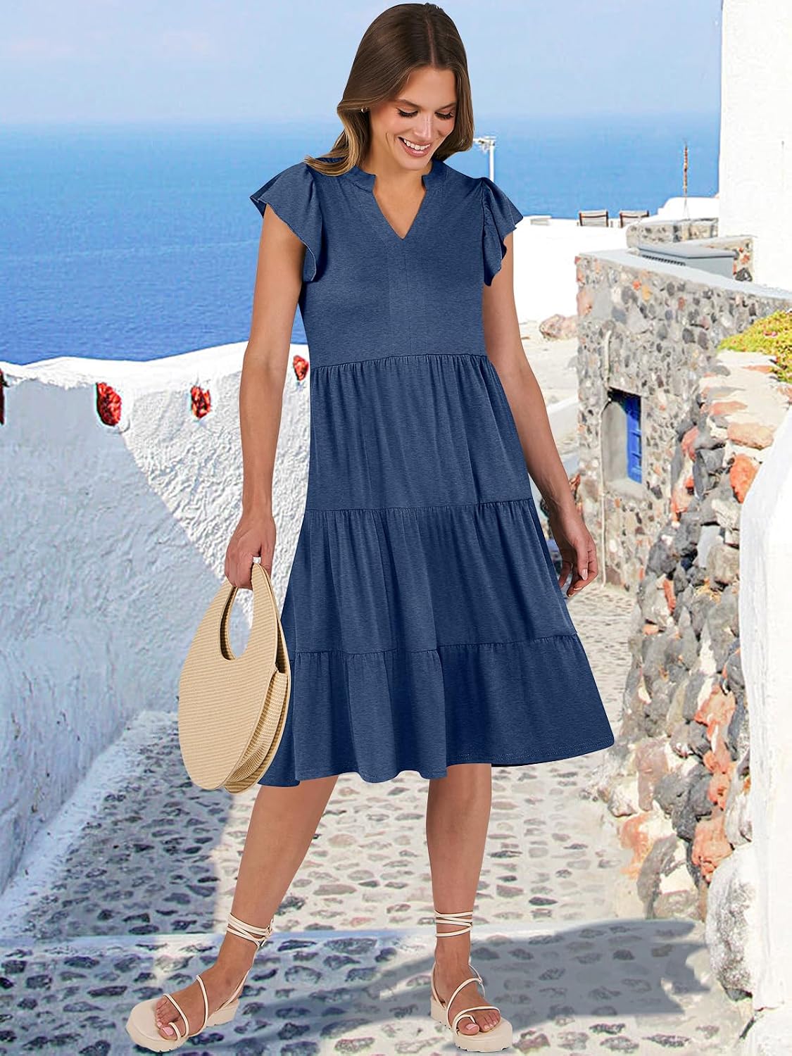 Womens Summer Dress Ruffle Sleeve V Neck