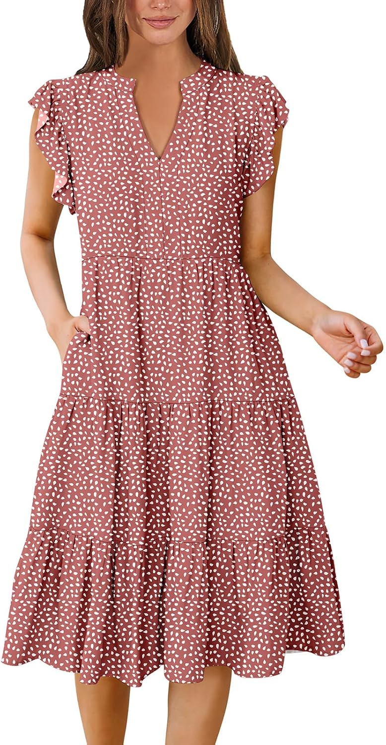 Womens Summer Dress Ruffle Sleeve V Neck