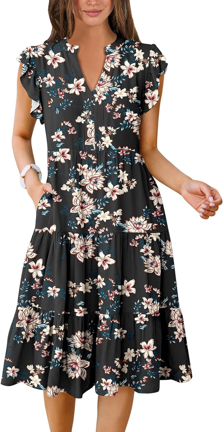 Womens Summer Dress Ruffle Sleeve V Neck