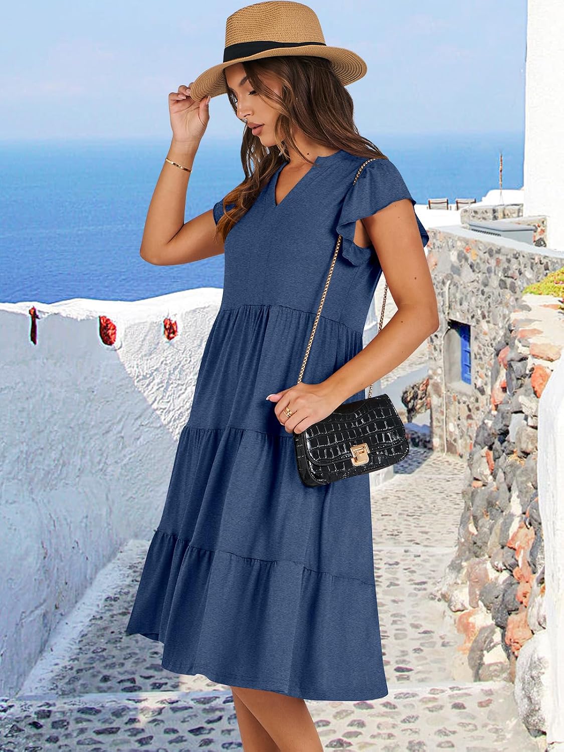 Womens Summer Dress Ruffle Sleeve V Neck