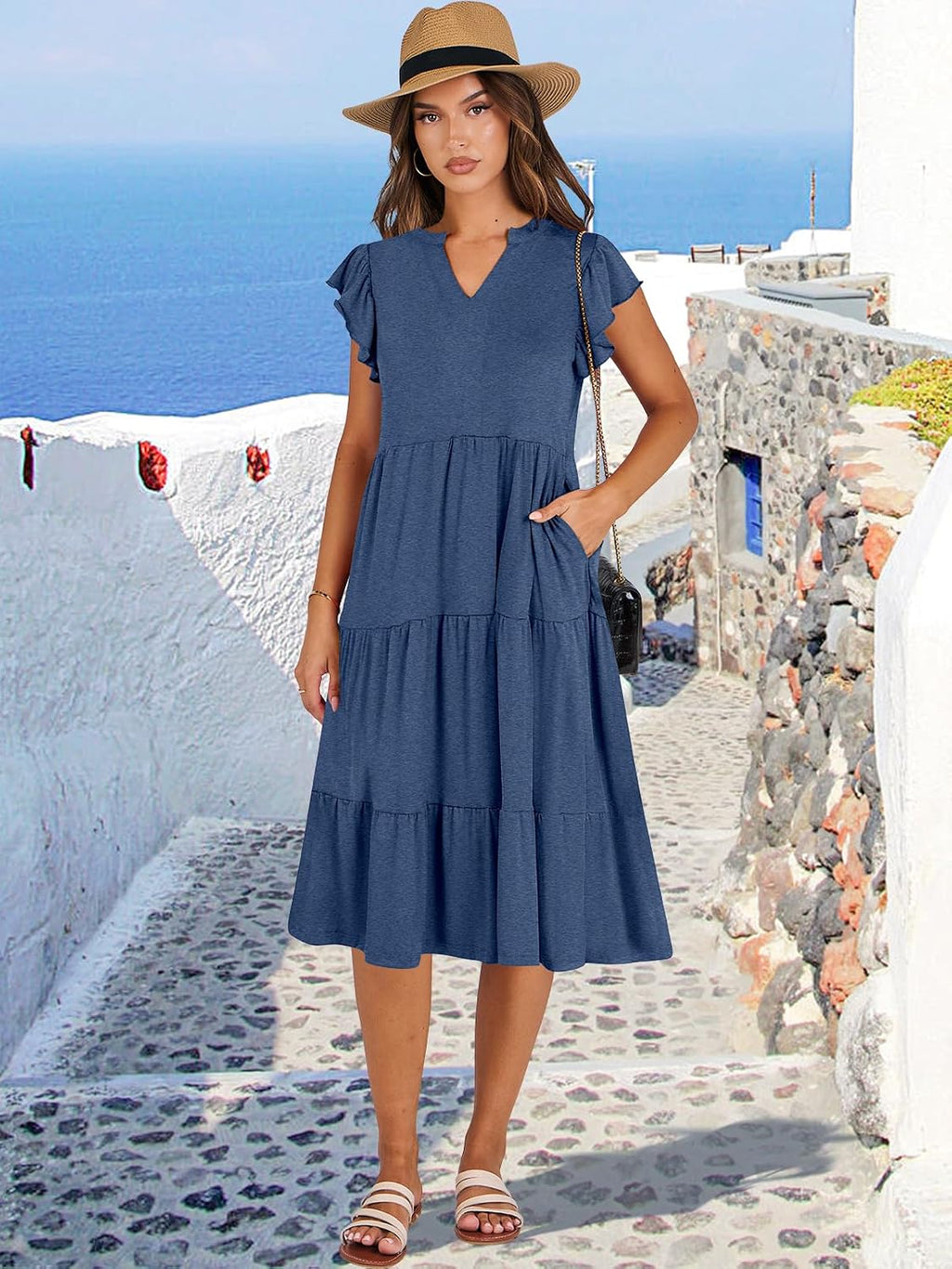 Womens Summer Dress Ruffle Sleeve V Neck