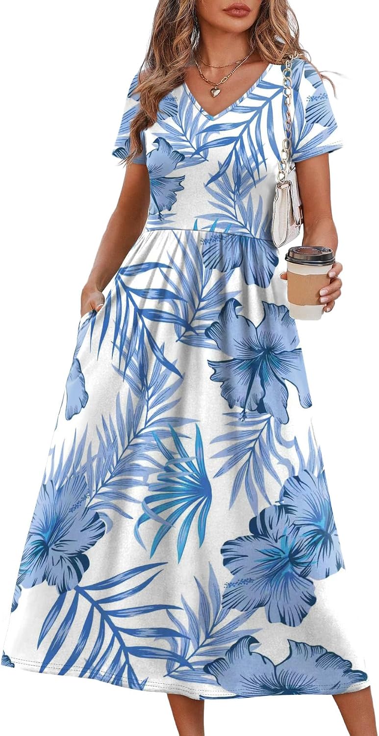 Summer Dresses for Women Flowy Short Sleeve V Neck