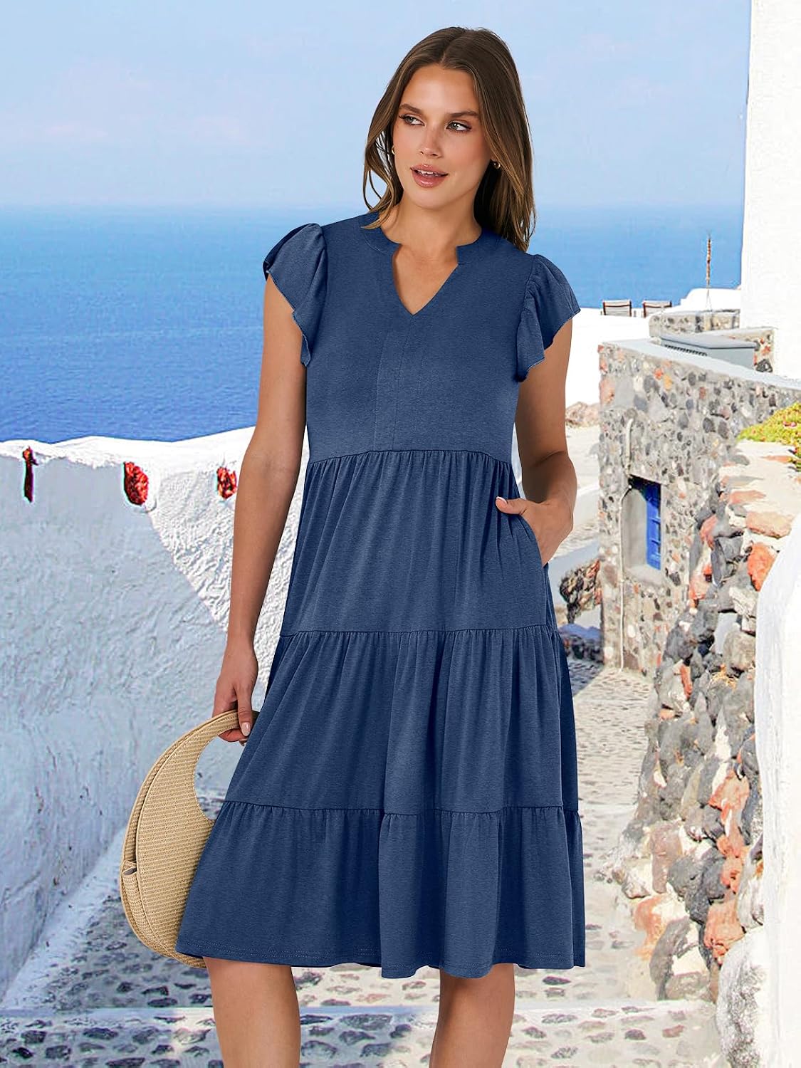 Womens Summer Dress Ruffle Sleeve V Neck