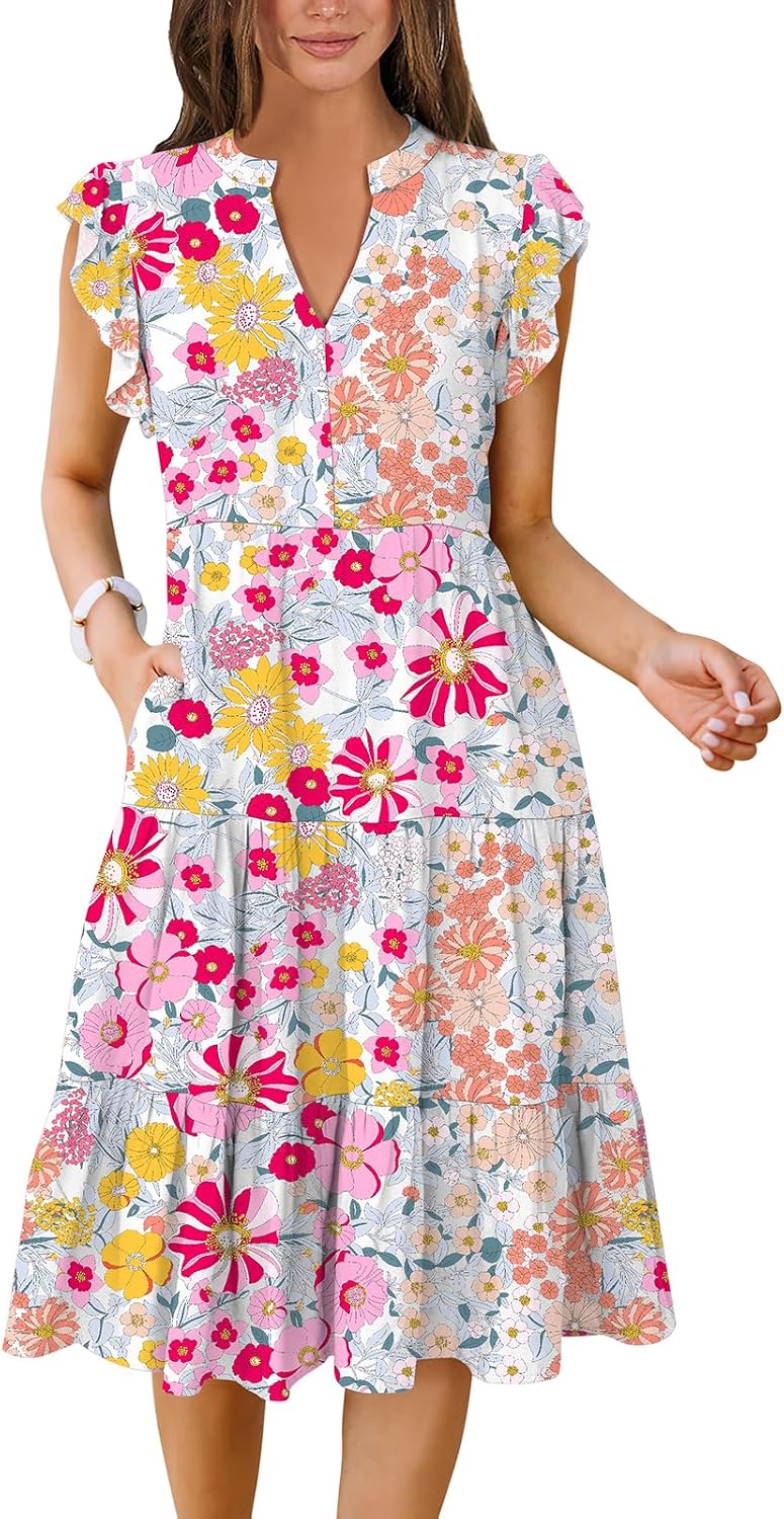 Womens Summer Dress Ruffle Sleeve V Neck