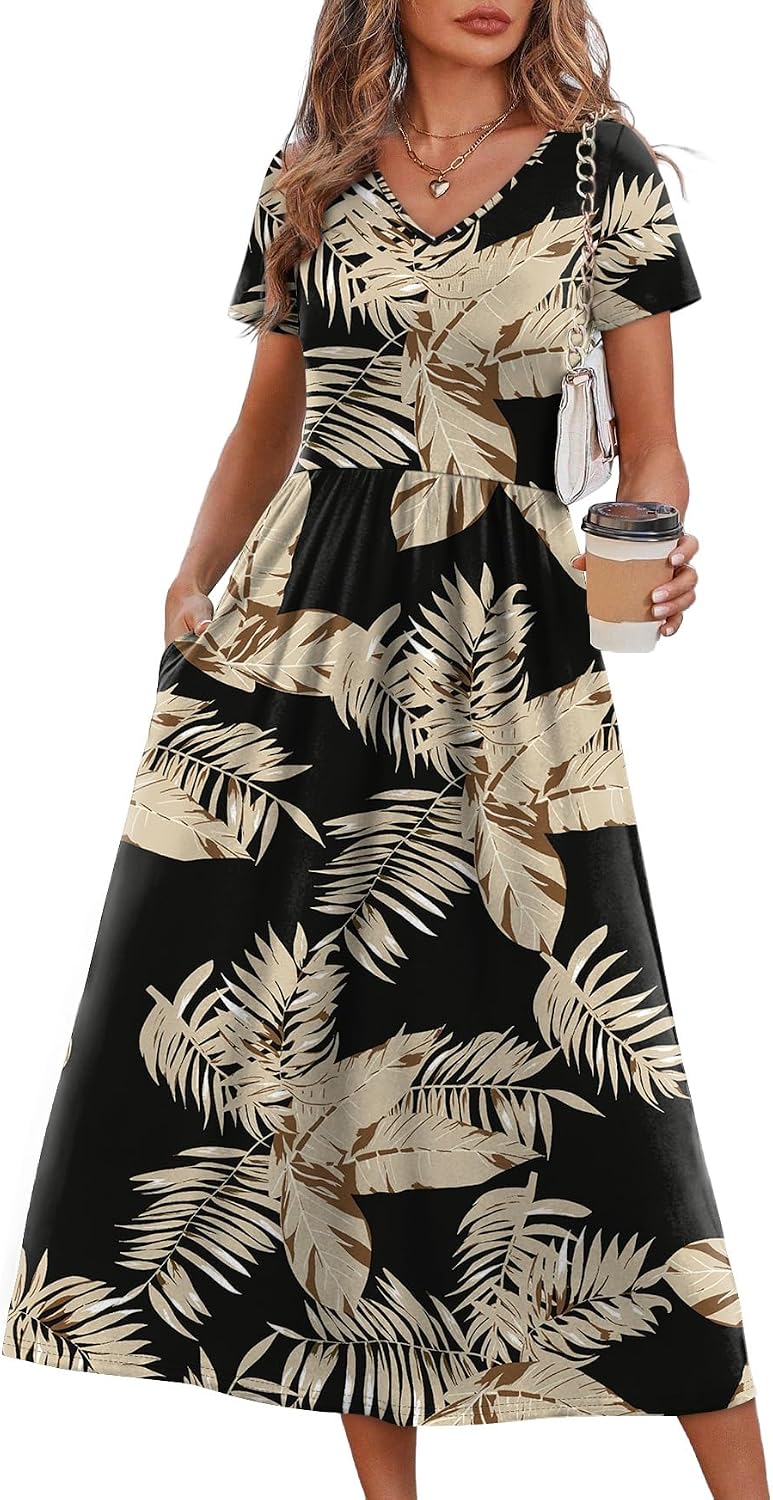 Summer Dresses for Women Flowy Short Sleeve V Neck