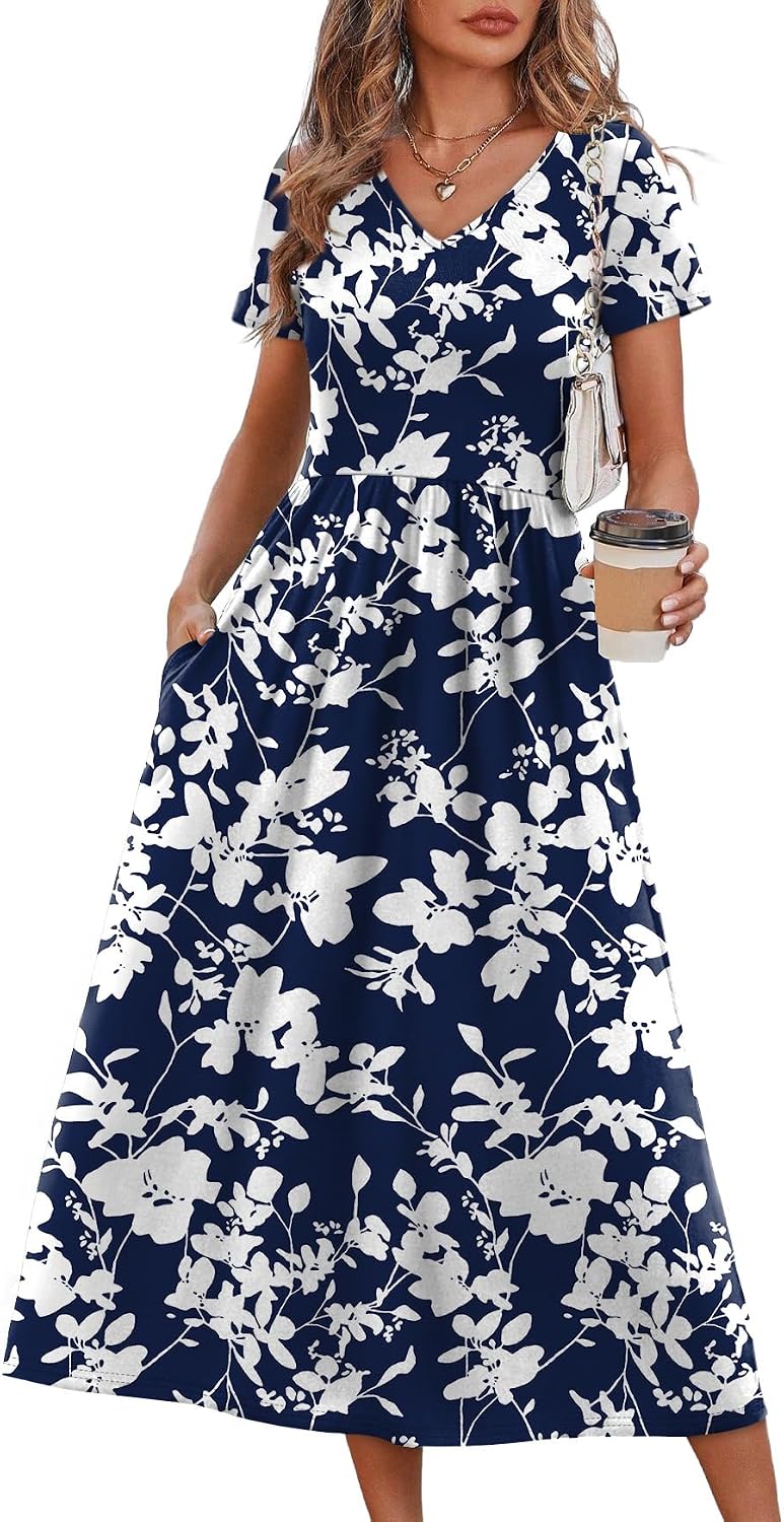Summer Dresses for Women Flowy Short Sleeve V Neck