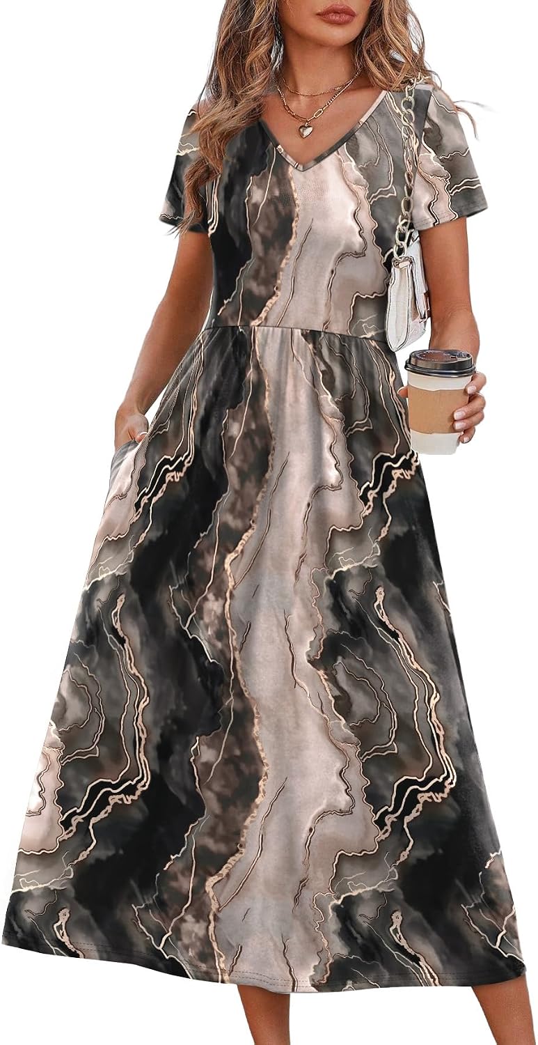 Summer Dresses for Women Flowy Short Sleeve V Neck
