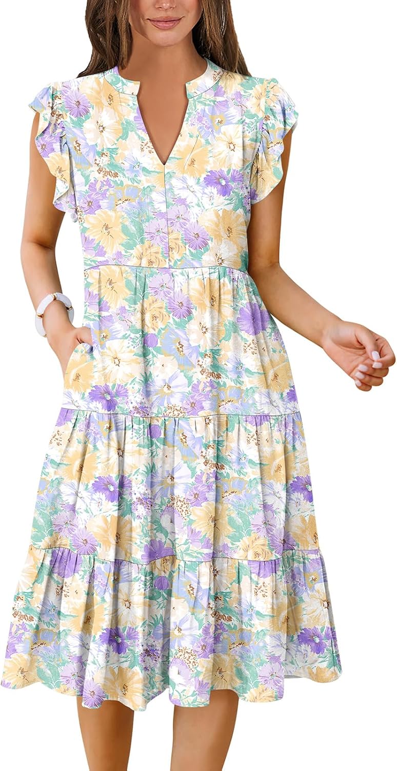 Womens Summer Dress Ruffle Sleeve V Neck