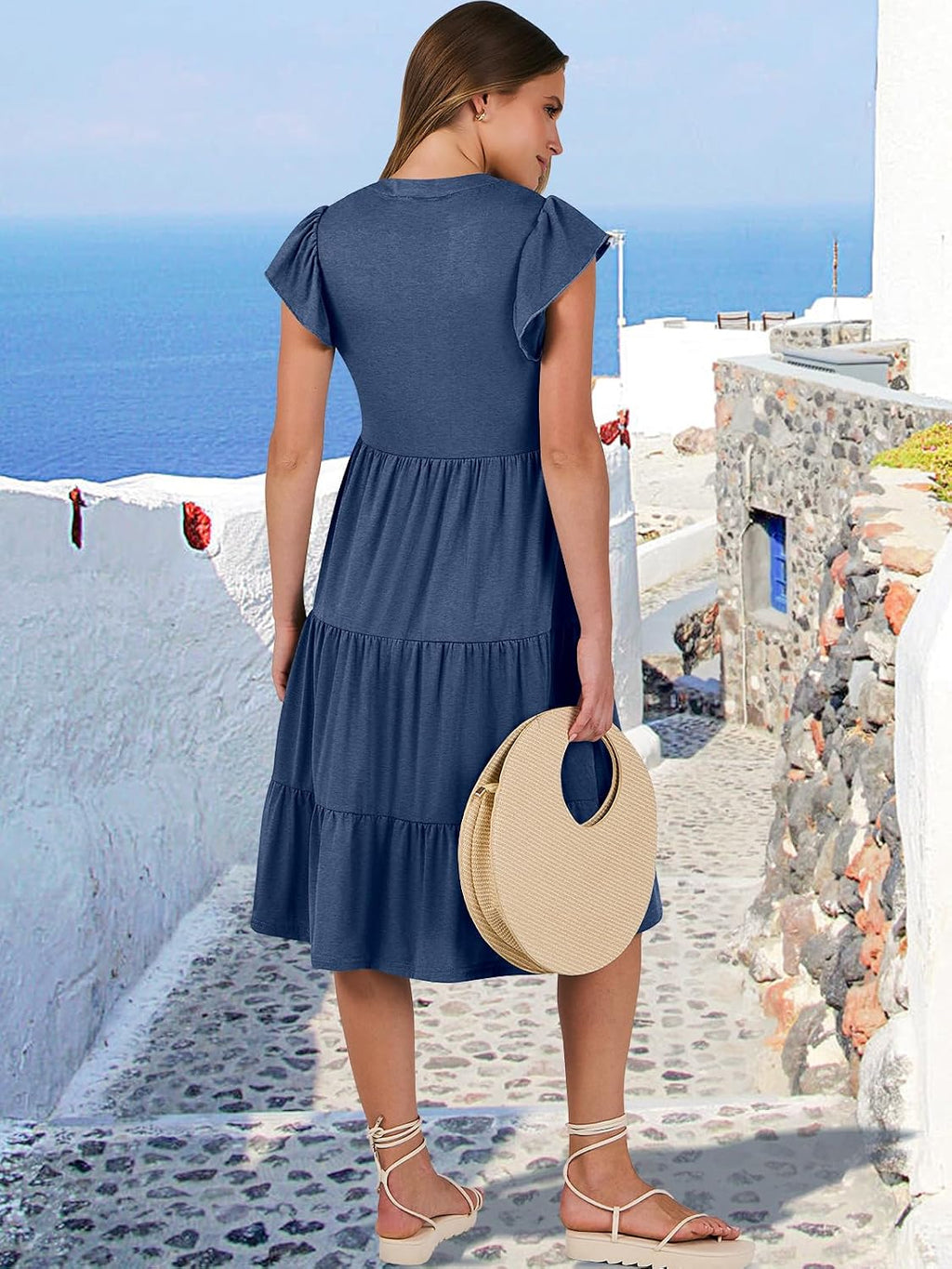 Womens Summer Dress Ruffle Sleeve V Neck