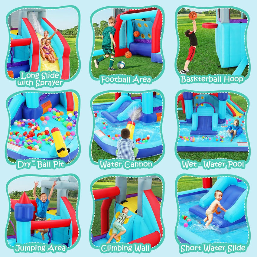 Inflatable Water Slides for Kids 8-in-1 Bounce House Water Park with 450W Blower Climbing Wall. Splash Pool. 2 Water Cannons. Basketball Hoop. Water Slide. Crocodile Sprinkler for Gift Backyard Party