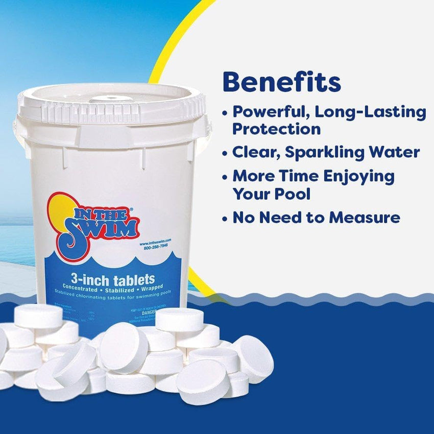 In The Swim 3 Inch Stabilized Chlorine Tablets for Sanitizing Swimming Pools - Individually Wrapped. Slow Dissolving - 90% Available Chlorine - Tri-Chlor - 50 Pounds