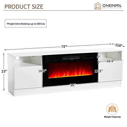 Oneinmil Fireplace TV Stand with 36 Electric Fireplace. LED Light Entertainment Center. Modern Wood. White