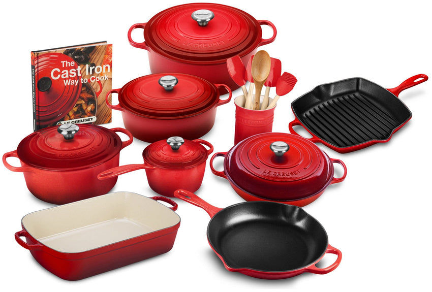20-piece Signature Cast Iron Cookware Set.10.25′′ Skillet.1.75-quart Saucepan with Lid