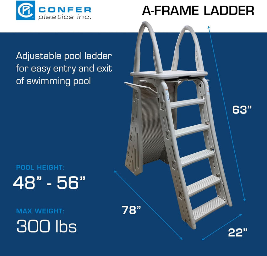 Confer Plastics 7200 Roll Guard 48 to 56 Adjustable A Frame Safety Ladder For Above Ground Outdoor Patio Swimming Pool Platform Ladder with Step Barrier. Warm Grey