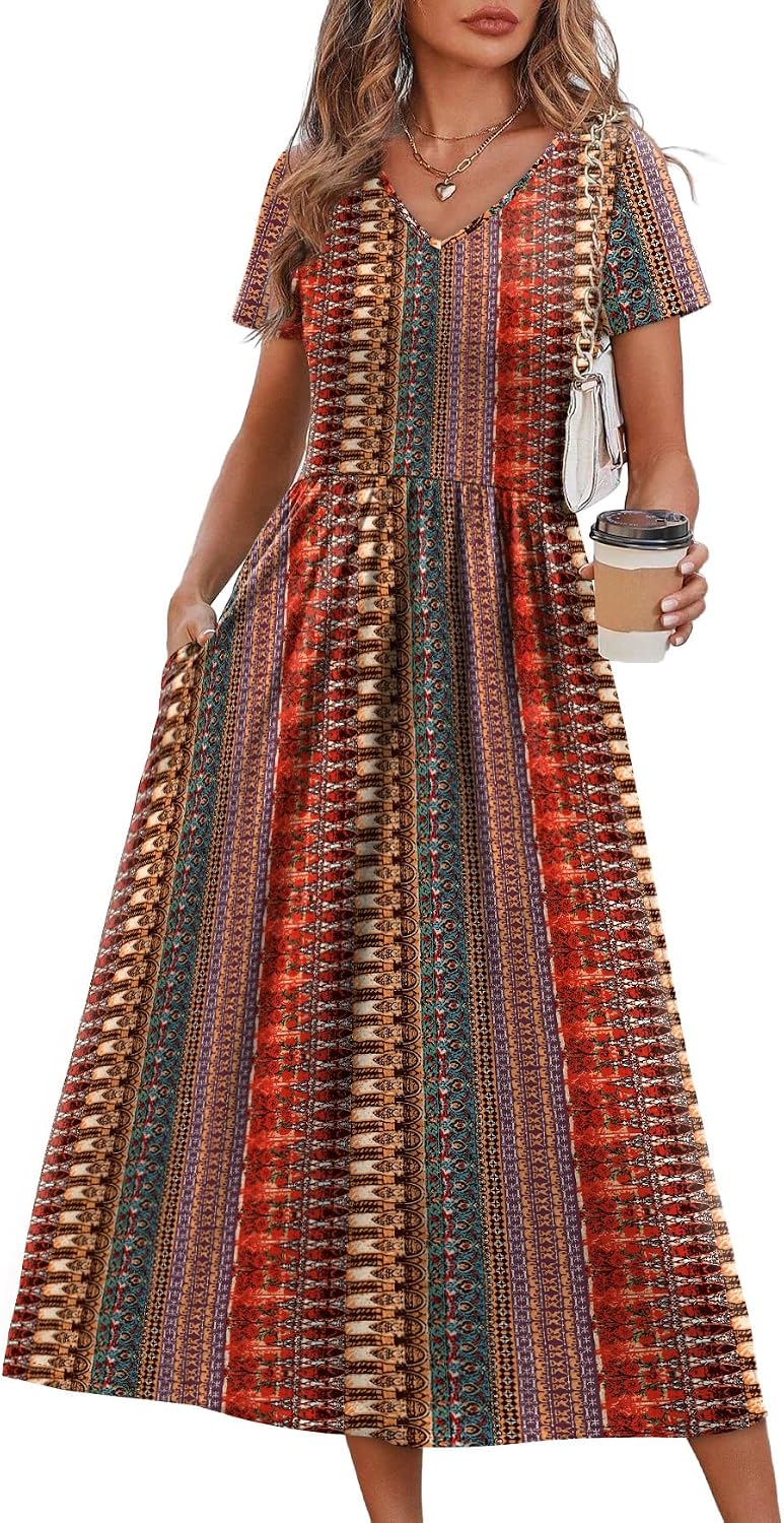 Summer Dresses for Women Flowy Short Sleeve V Neck