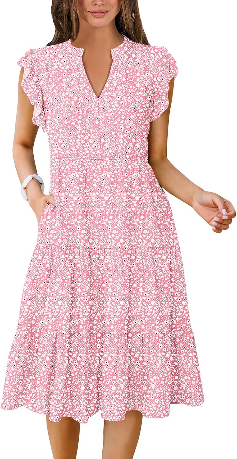 Womens Summer Dress Ruffle Sleeve V Neck