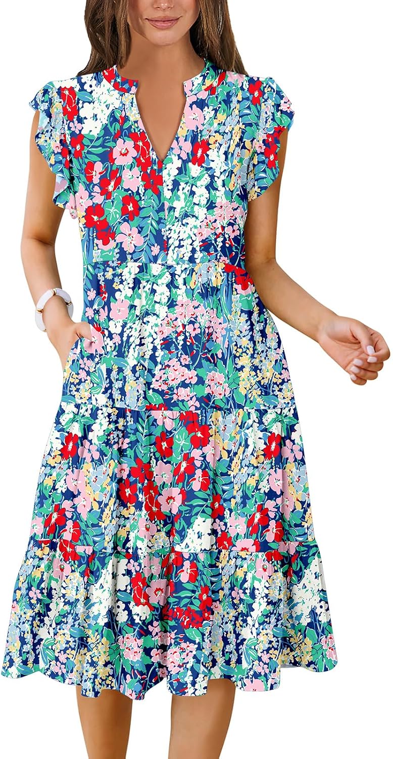 Womens Summer Dress Ruffle Sleeve V Neck