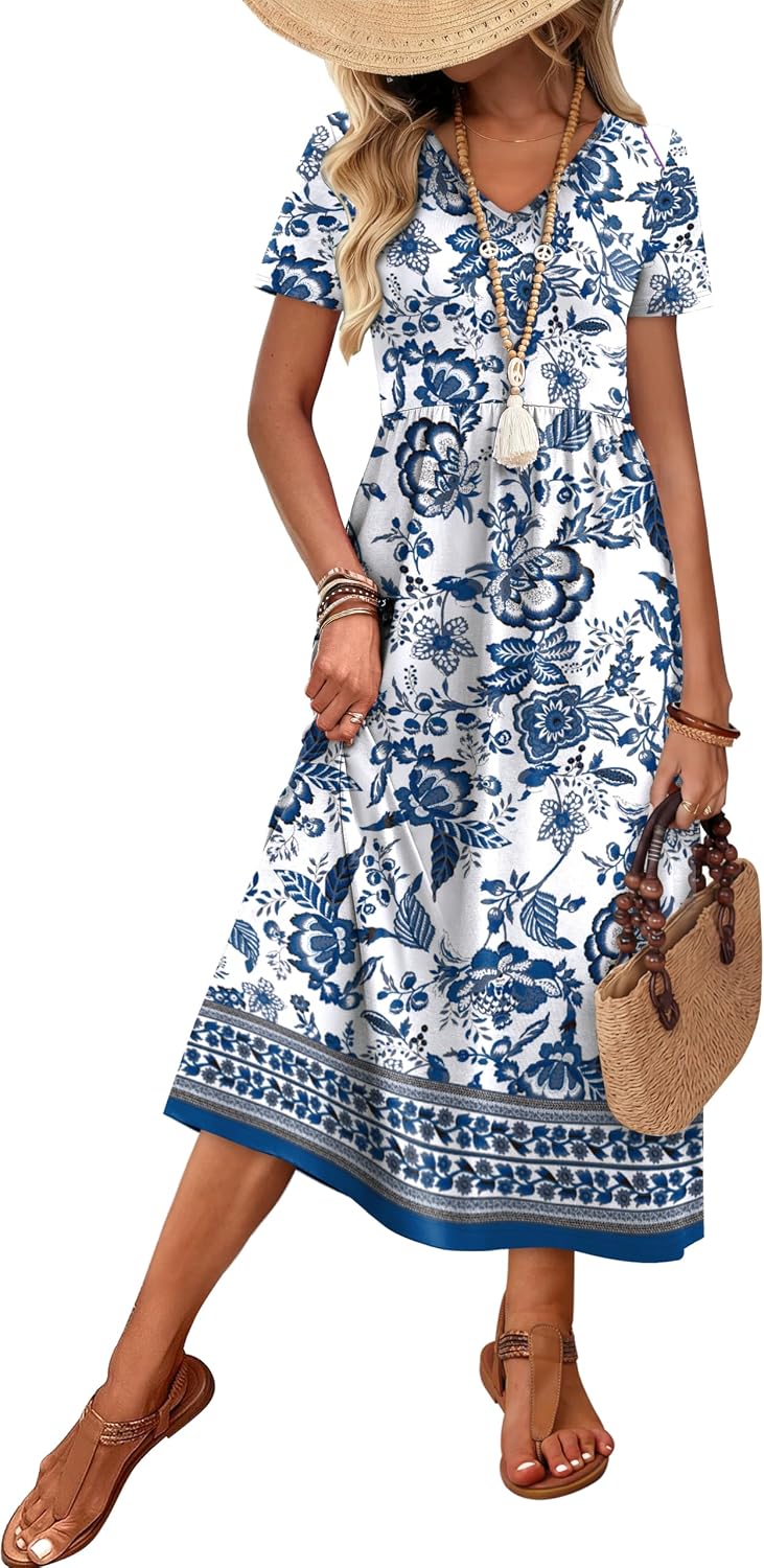 Summer Dresses for Women Flowy Short Sleeve V Neck