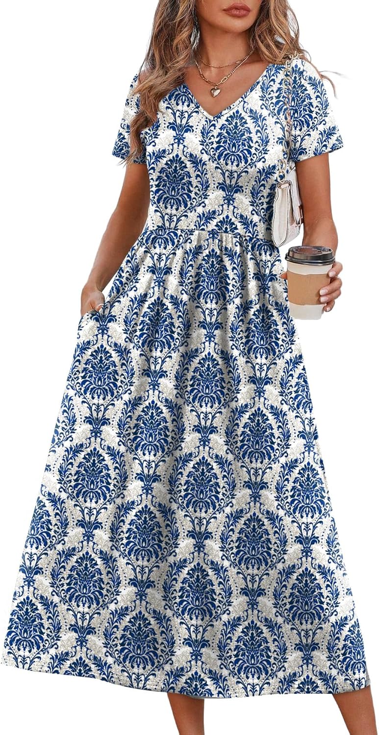 Summer Dresses for Women Flowy Short Sleeve V Neck