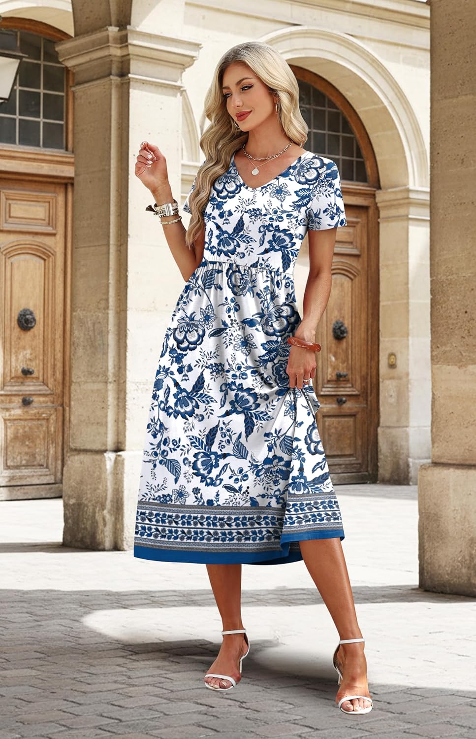Summer Dresses for Women Flowy Short Sleeve V Neck