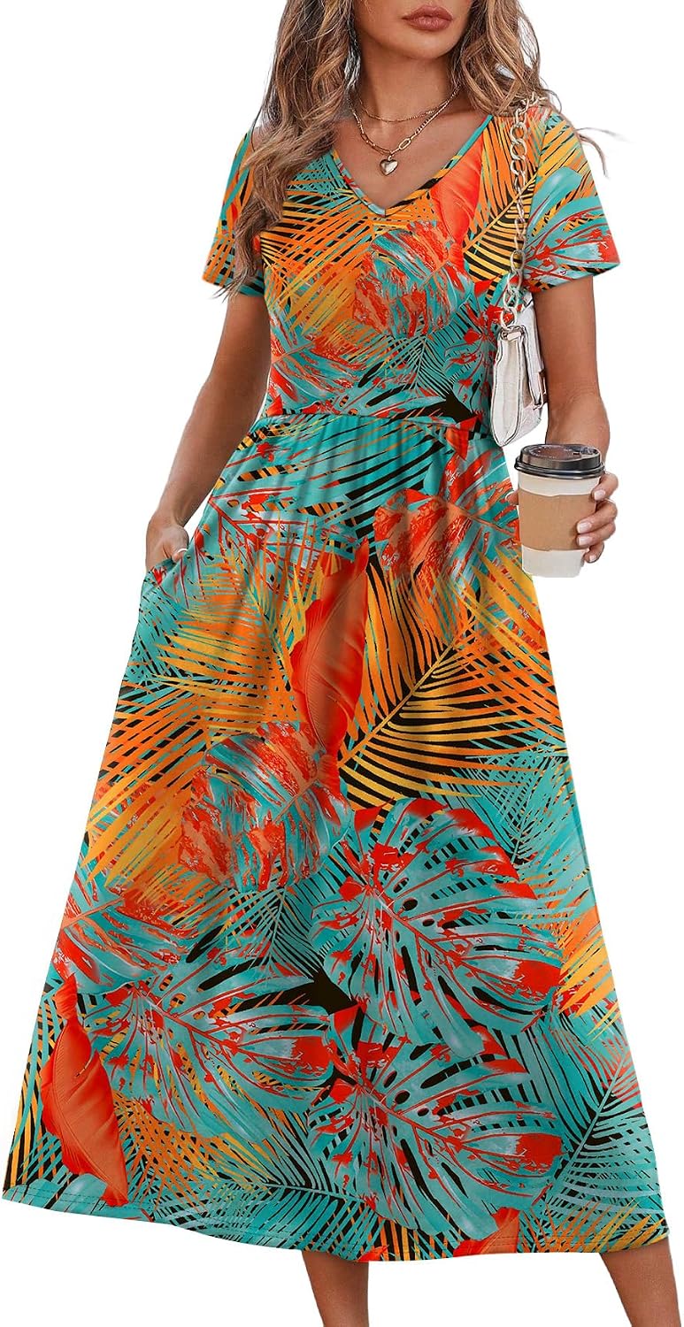 Summer Dresses for Women Flowy Short Sleeve V Neck
