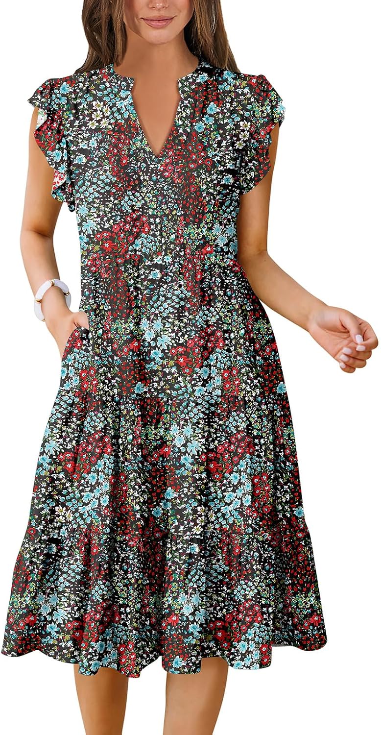 Womens Summer Dress Ruffle Sleeve V Neck