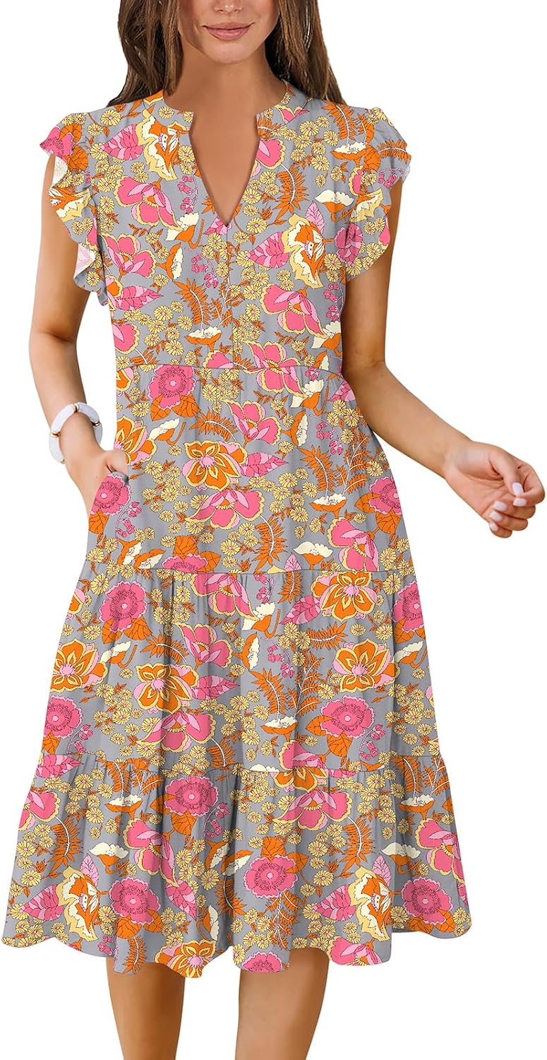 Womens Summer Dress Ruffle Sleeve V Neck