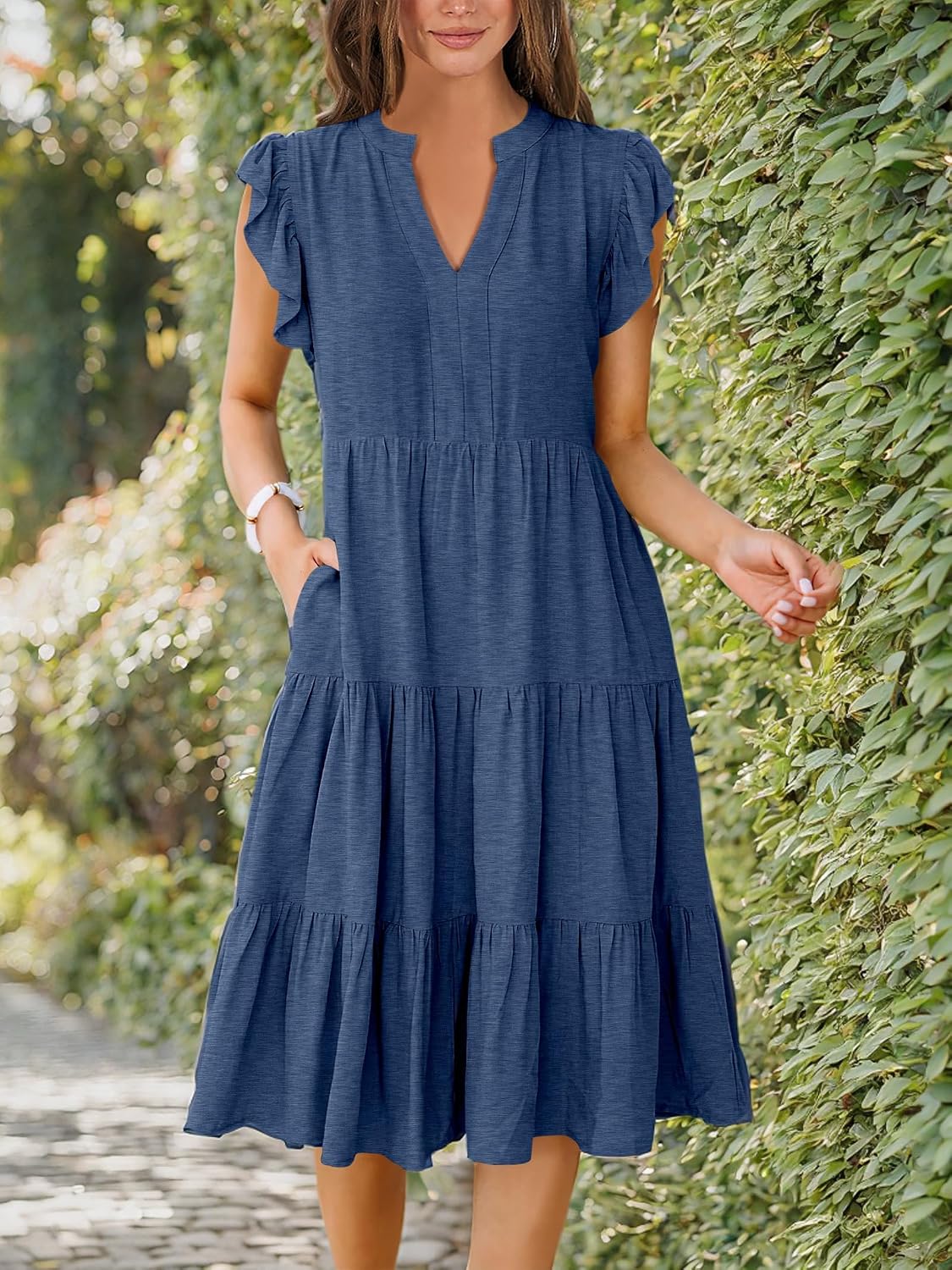 Womens Summer Dress Ruffle Sleeve V Neck