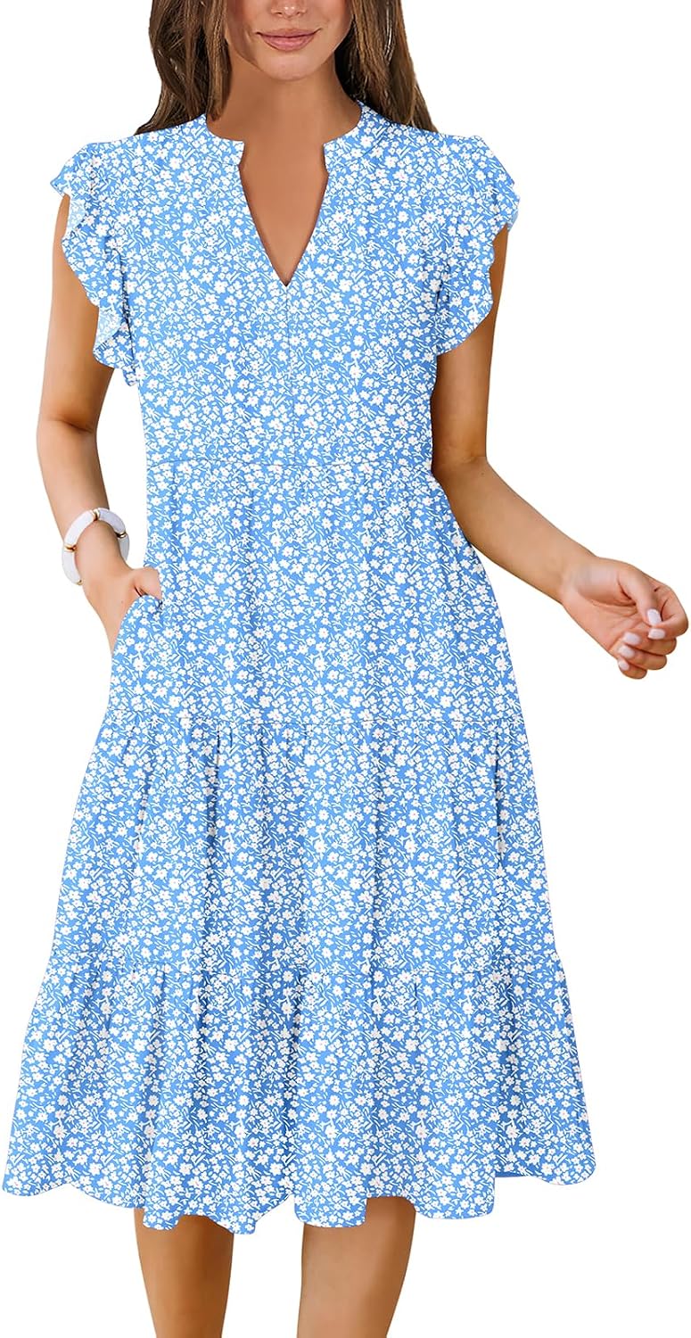 Womens Summer Dress Ruffle Sleeve V Neck