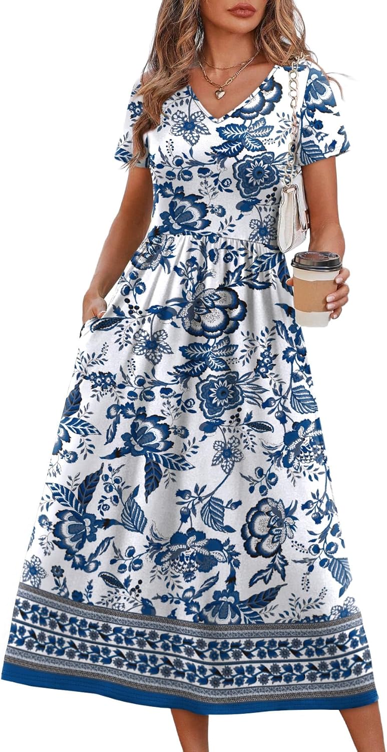 Summer Dresses for Women Flowy Short Sleeve V Neck