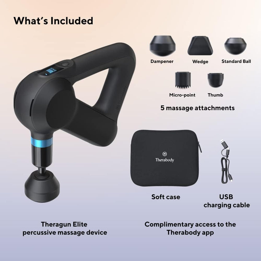 TheraGun Elite Ultra-Quiet Percussion Massage Gun for Deep Tissue Muscle Pain Relief. Handheld Electric Massager Perfect for Neck. Back. and Full Body Tension. Bluetooth and USB-C Charging. 5th Gen