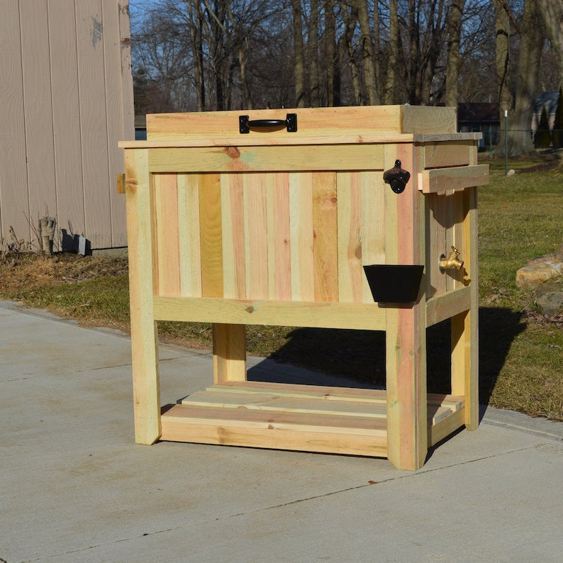 All Weather 48 Quart Antiqued Cedar Cooler Stand with Brass Drain. Bottle Opener and Cap Catcher. Beer Cooler.