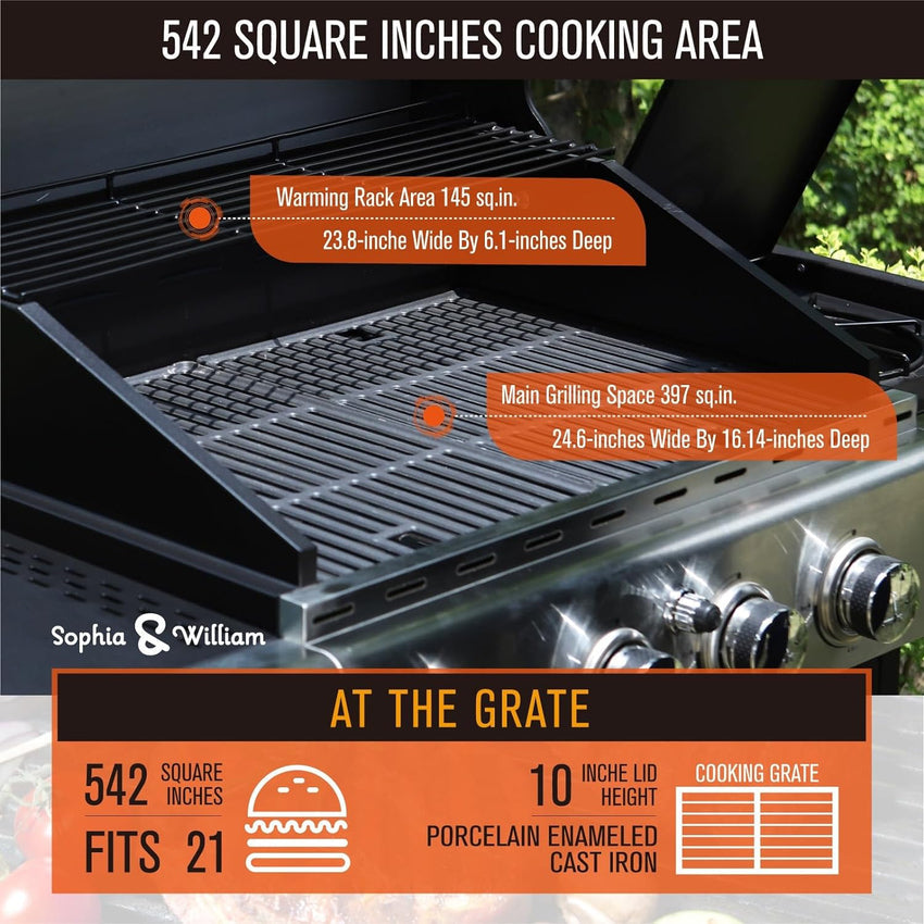 Burner Gas grill with side burner and enameled cast iron grille 42.000BTU outdoor cooking stainless steel propane grill Garden grill. silver