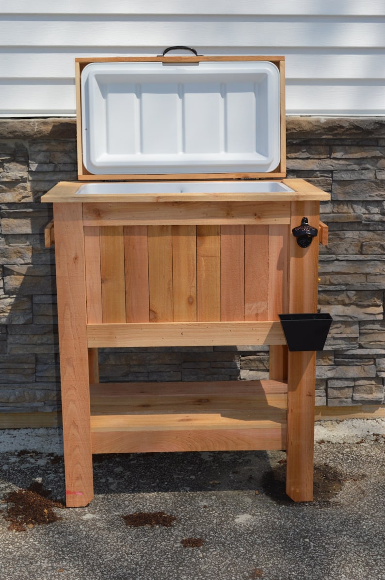 All Weather 48 Quart Antiqued Cedar Cooler Stand with Brass Drain. Bottle Opener and Cap Catcher. Beer Cooler.