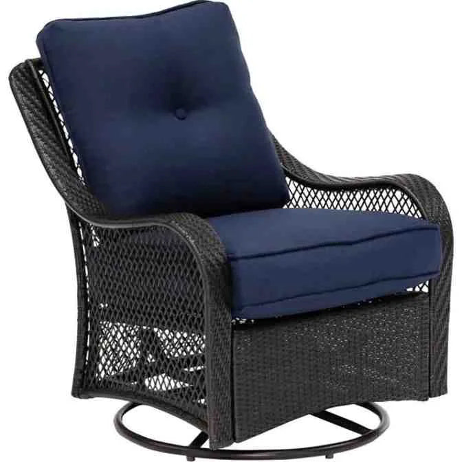 5-Piece Steel Patio Fire Pit Conversation Set with Navy Blue Cushions. Swivel Gliders and Square Fire Pit Table