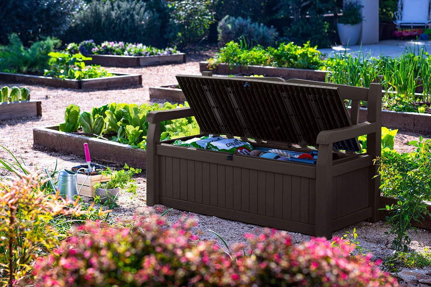 Keter Solana 70 Gallon Storage Bench Deck Box for Patio Furniture. Front Porch Decor and Outdoor Seating – Perfect to Store Garden Tools and Pool Toys. Brown