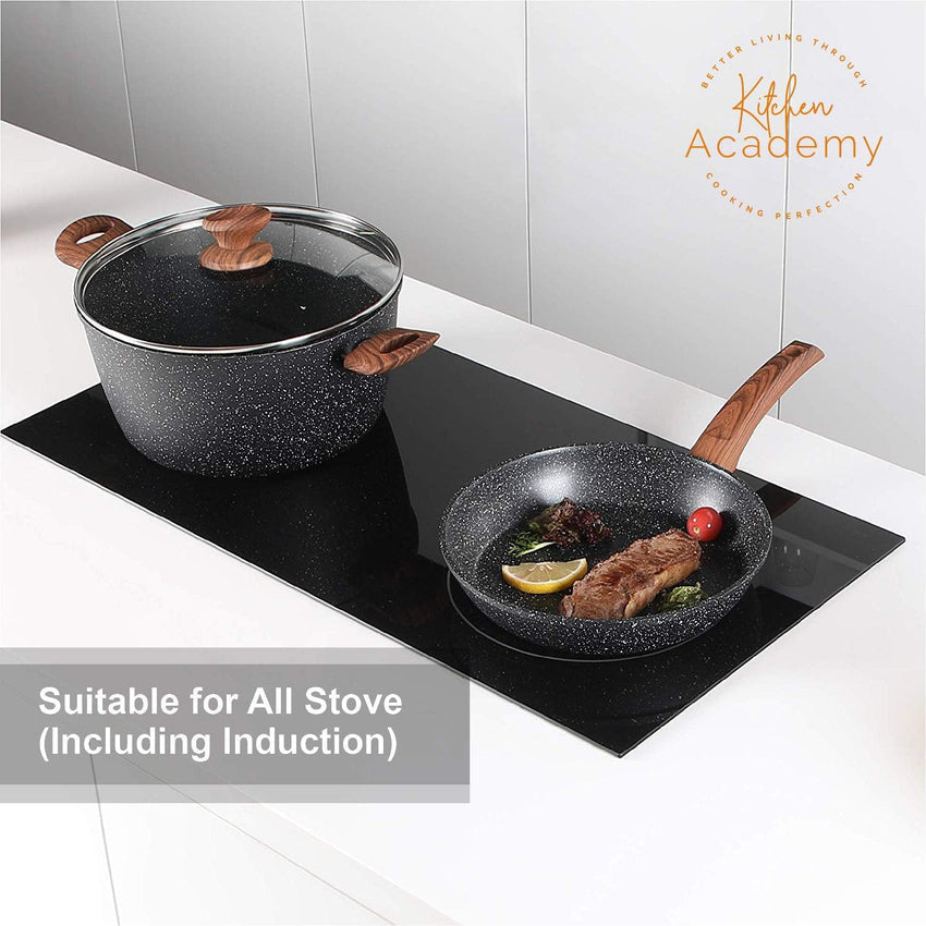 Kitchen Academy Induction Cookware Sets - 12 Piece Green Cooking Pan Set. Granite Nonstick Pots and Pans Set