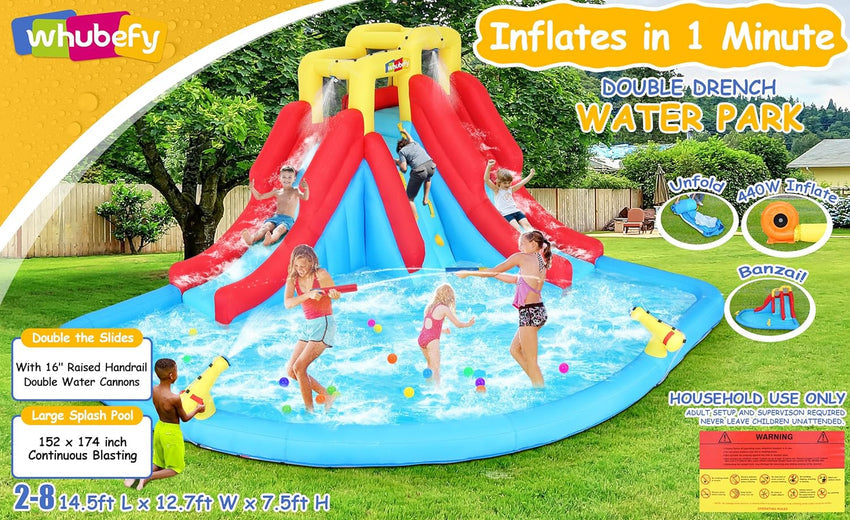 Inflatable Water Slides for Kids 8-in-1 Bounce House Water Park with 450W Blower Climbing Wall. Splash Pool. 2 Water Cannons. Basketball Hoop. Water Slide. Crocodile Sprinkler for Gift Backyard Party