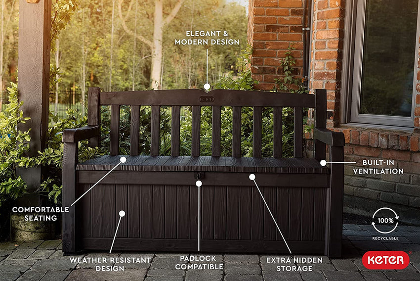 Keter Solana 70 Gallon Storage Bench Deck Box for Patio Furniture. Front Porch Decor and Outdoor Seating – Perfect to Store Garden Tools and Pool Toys. Brown