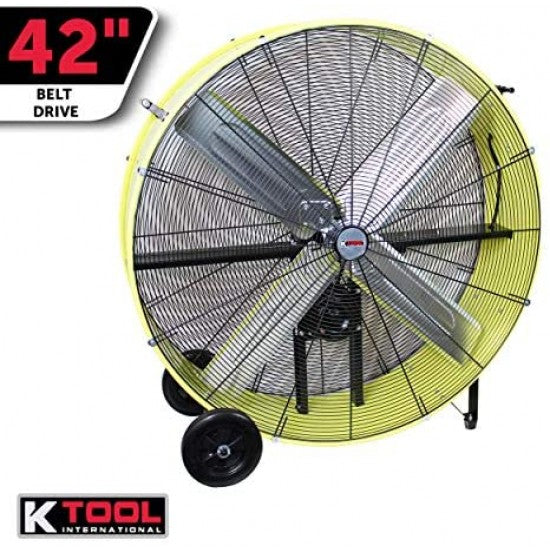 K Tool International 42′′ Belt Drive Drum Fan; Industrial. Garage. Shop. High Speed 2-Speed. Durable. Cut-Off Protection. Easy Mobility Rubber Wheels; SAFETY YELLOW KTI77743