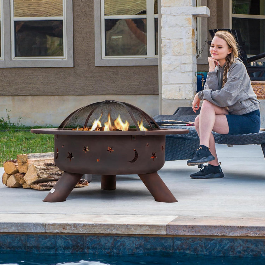 SUNCREAT 42 Patio Fire Pit Wood Burning with Mesh Spark Screen. Bonfire Outdoor firepit with Fireplace Poker. Black
