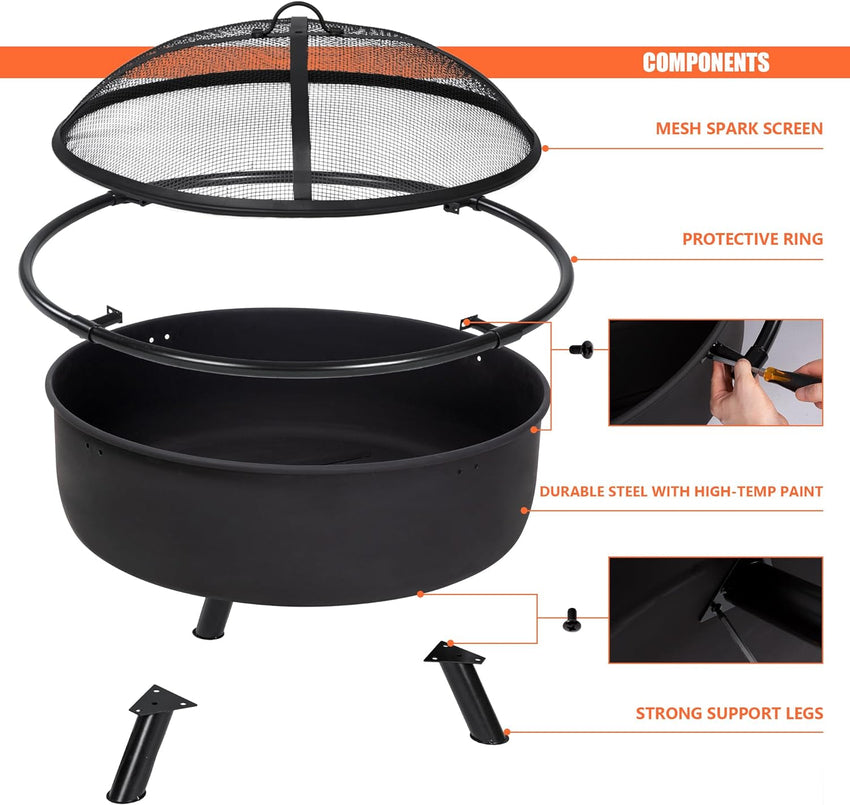SUNCREAT 42 Patio Fire Pit Wood Burning with Mesh Spark Screen. Bonfire Outdoor firepit with Fireplace Poker. Black