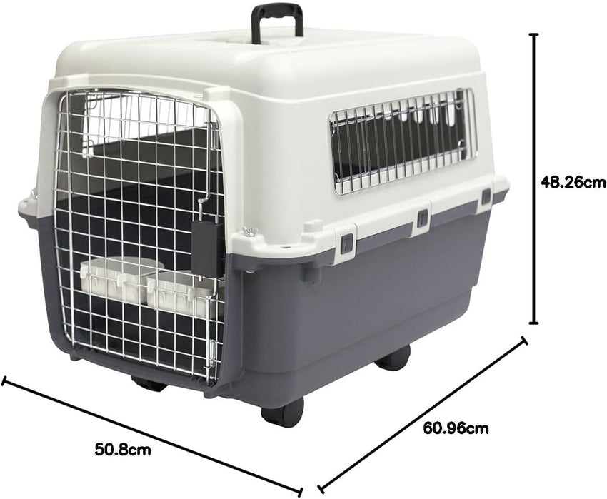 SportPet Designs Plastic Kennels Rolling Plastic Airline Approved Wire Door Travel Dog Crate. XXX-Large. Gray