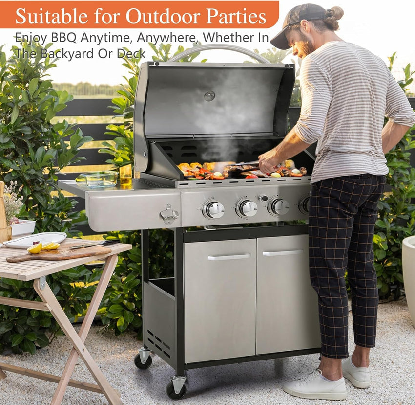 Burner Gas grill with side burner and enameled cast iron grille 42.000BTU outdoor cooking stainless steel propane grill Garden grill. silver