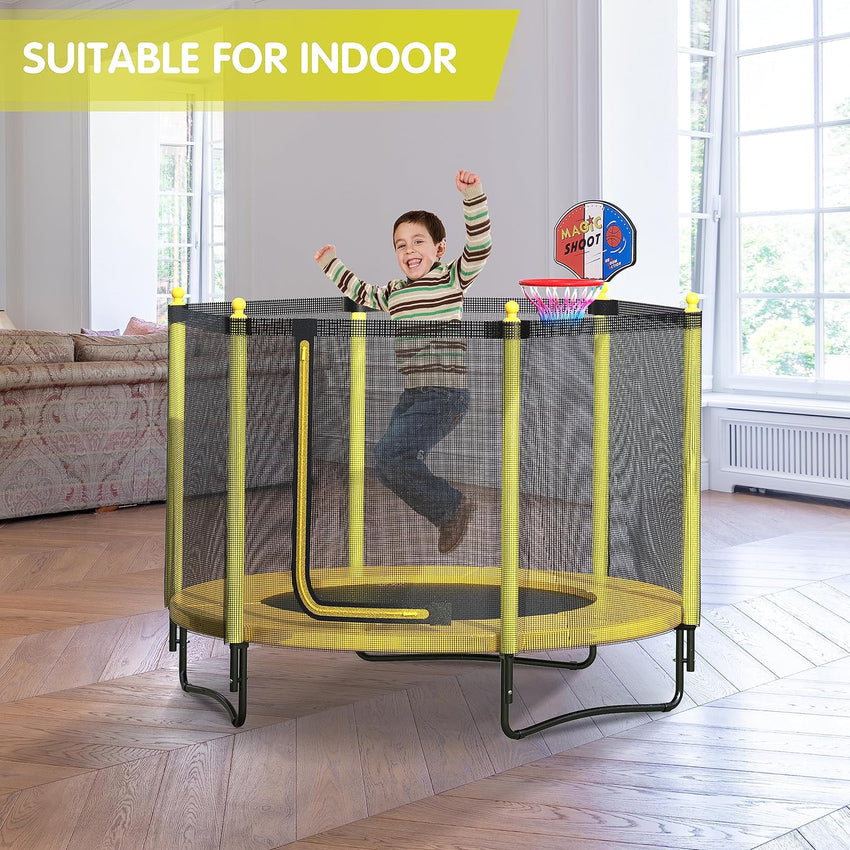 60 Kids Trampoline with Safety Enclosure Net. 5FT Toddler Indoor & Outdoor Trampoline/w Basketball Hoop - Parent-Child Interactive Game Fitness Trampoline Toy Gift for Boys and Girls Age 1-8