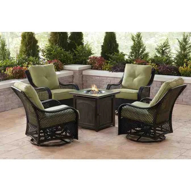 5-Piece Steel Patio Fire Pit Conversation Set with Navy Blue Cushions. Swivel Gliders and Square Fire Pit Table