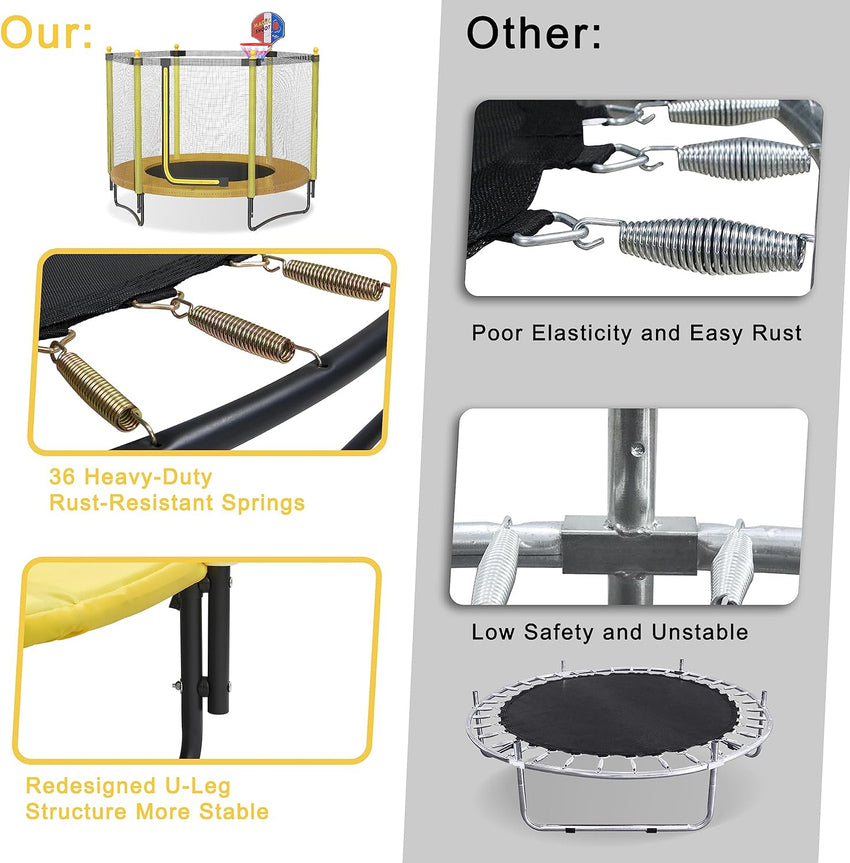 60 Kids Trampoline with Safety Enclosure Net. 5FT Toddler Indoor & Outdoor Trampoline/w Basketball Hoop - Parent-Child Interactive Game Fitness Trampoline Toy Gift for Boys and Girls Age 1-8
