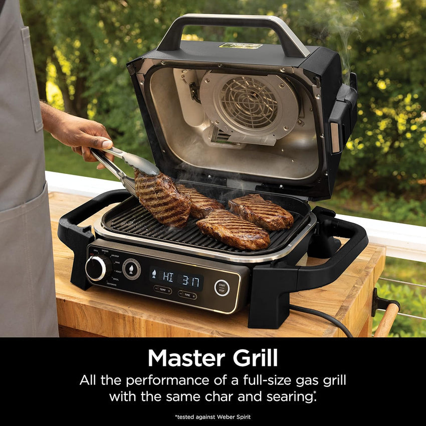 7-in-1 Grill & Smoker with Thermometer. Air Fryer. BBQ. Bake. Roast. Broil - Portable Electric Outdoor Grill. Grey