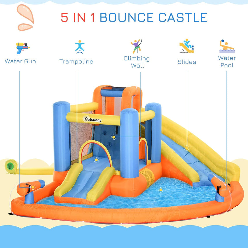 Kids Inflatable Water Slide 5-in-1 Bounce House Water Park Jumping Castle with Water Pool. Slide. Climbing Walls. & 2 Water Cannons. 450W Air Blower