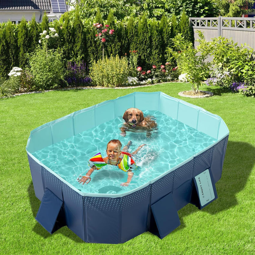 Foldable Non-Inflatable Kids' and Adults' Outdoor Swimming Pool - Hard Plastic Shell. Kid Pool for Backyard Dog Pools (158 x 76 x 20)